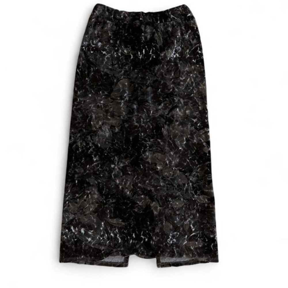 Plume and Thread Black Marble Print Midi Skirt Elastic Waist Back Slit Size 1